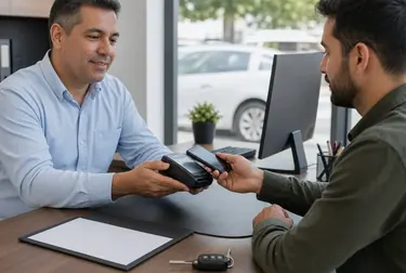 Despachante auxiliando cliente no pagamento de débitos de veículo.