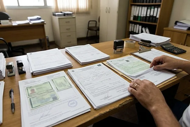 Documentos organizados para emplacamento de veículo.